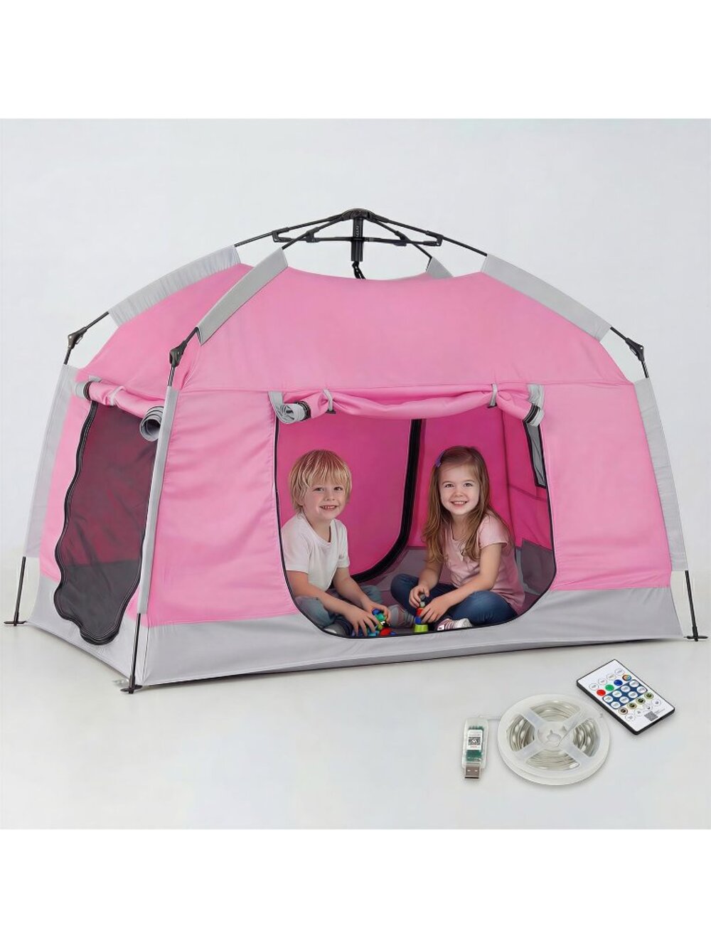Kids Pink Easy Set Up Playhouse with LED Light Strip Indoor & Outdoor Games